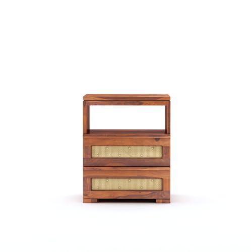 Image of Sheesham Wood Bedside Table for Bedroom Living Room Home Office with 2 Drawer and 1 Open Shelf Storage Furniture | Sofa Side Table | End Table | Nightstand (Honey Finish)