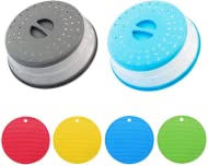 Zusammenklappbare Mikrowellen-Spritzschutzabdeckung, faltbare Mikrowellenteller, Kunststoff-Spritzschutz mit 4 Isolierpads, Filter Obst und Gemüse (blau/grau) Cover