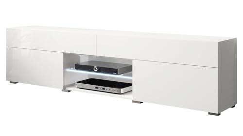 Herenko - Mueble bajo para televisor, mueble de televisión, mesa alta, sin asas, aparador, tonos naturales, banco de TV (blanco brillante, con iluminación LED blanca)