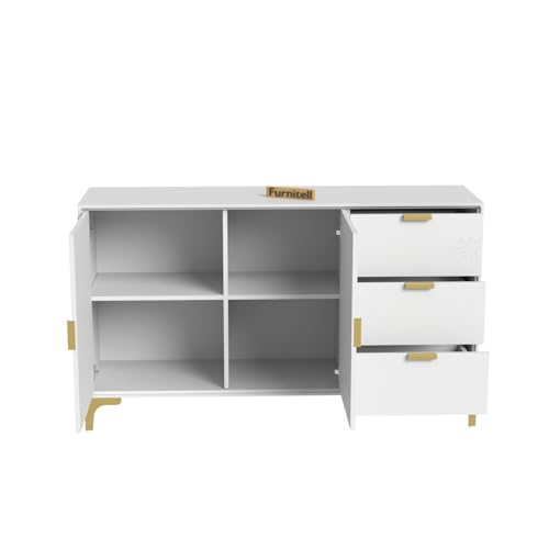 Image of Wooden Sideboard Cabinet for Living Room & Bedroom | Wooden Storage Cabinet with 2 Doors & 3 Drawers Storage | Large Storage Organizer /Cupboard | HDMR Premium Wood | Gold Metal Legs (White)