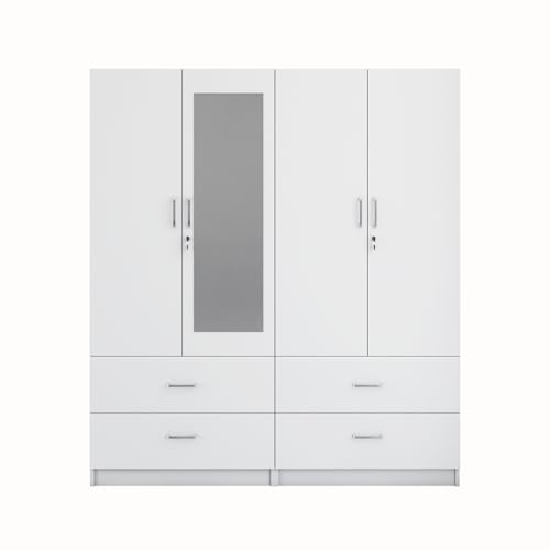 Image of VIKI Wardrobe | Wooden Almirah for 4 Door 4 Drawer with Shelves & Hanging Space Mirror Wardrobe (Frosty White - 40D x 160W x 180.8H) | 1 Year Warranty | Free Assembly