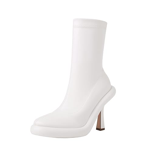 TAEPUSR Women's Platform Boots Stiletto High Heel Mid Calf Boots Elastic Round Toe Ankle Boots with Side Zipper Fashion Party Dress Stretch Boots for Women