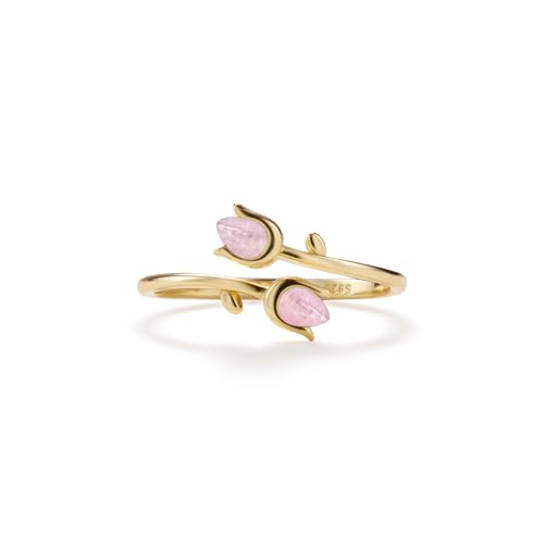 PERIMADE Bague empilable en quartz rose pour femme - Plaqué or 18 carats - Motif floral rose - Bague ouverte ouverte en argent sterling 925 - Bague de...