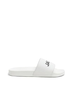 JACK & JONES Mens White Logo Print Sliders, 6 UK