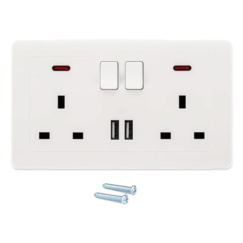 Dhouse Double Switched 13 A Electrical Double Socket with Two USB Charging Ports Square Edge Double Plug Wall Socket with LED for Home Office Hotel (White)