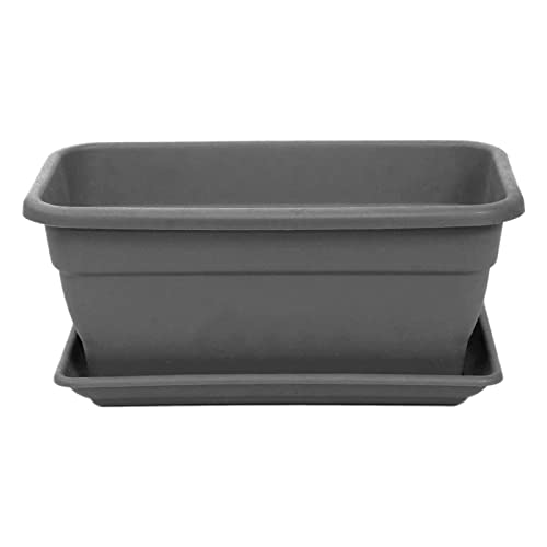 AC - Jardinera con Plato – Fabricado en Plástico Polipropileno – Macetero para Jardin - Maceta para Plantas y Flores Rectangular de Plástico con Agujeros de Drenaje - 40 cm – Color Gris