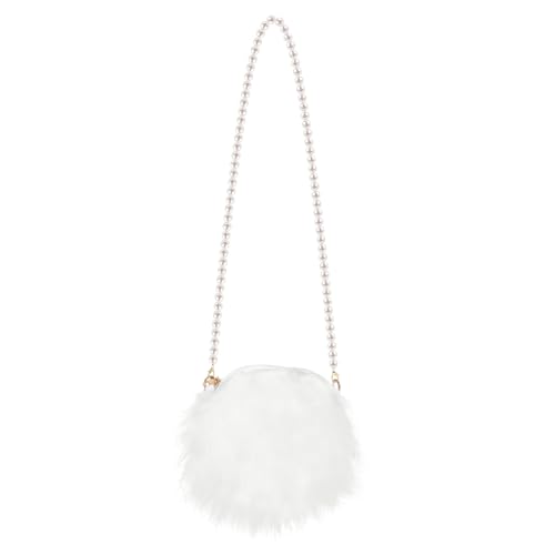 Crossbody Bag Plush Pearl Chain Cellphone Purse Small Fuzzy Shoulder Pouch for Women Ladies Girls - White
