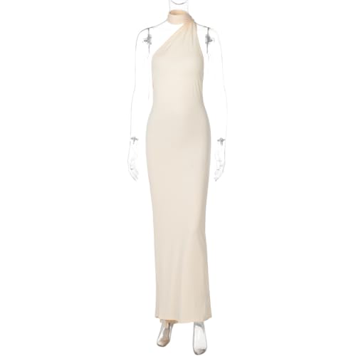 Image of Suillty Women's Sexy Oblique Shoulder Backless Maxi Dress Ruched Back Strap Sleeveless Party Club Long Dresses Bodycon