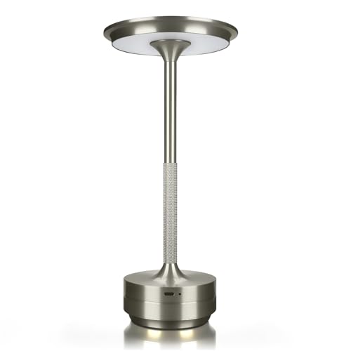 MMOBIEL Lampe de Table Sans Fil LED Tactile Rechargeable Métal Rond, 3 Températures de Couleur à Intensité Variable, Batterie 1800mAh, (Argent, Métal rond)