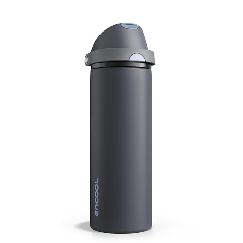 Image of Insulated Water Bottle with Straw - Encool Stainless Steel Water Bottle with Push Button Lid, Leak-Proof & BPA-Free, Keeps Cold for 24 Hours for Sports, Travel, Gym (24 oz, Tuna Grey-Silver)