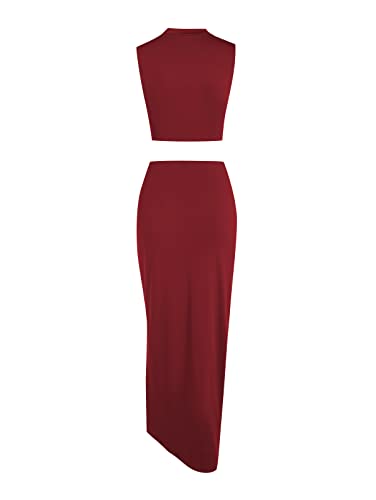 Image of ZAFUL Women's Casual Sleeveless Summer Two Piece Outfits Crop Top and Side Split Draped Ruched Maxi Skirt Set Solid Suiting