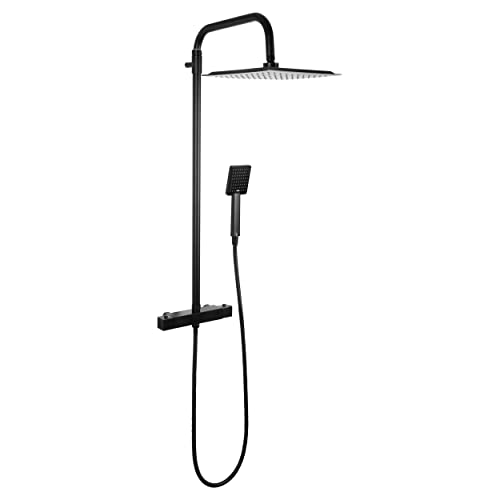 Differnz Colonne de Douche Thermoline, Mitigeur Douche Thermostatique, Douchette et Pomme de Douche, Noir Mat, Flexible de Douche à 150 cm, Tete de Douche Carré, 25x25cm, Ensemble Complet Cover