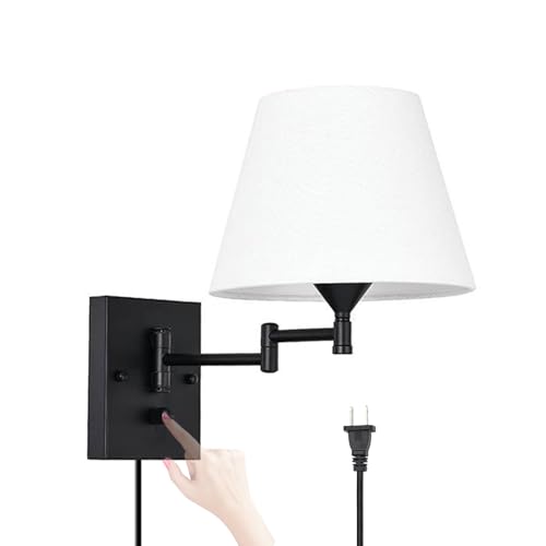 Lámpara de pared con cable enchufe interruptor ajustable, aplique interior blanco de tela