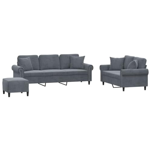 Gecheer Sofagarnitur 3-TLG.Sessel Couch mit Kissen Fußhocker, Sofa Wohnzimmersofa mit Armlehnen, Couchgarnitur Designsofa Sitzmöbel Polstermöbel, Dunkelgrau Samt – Bild 3