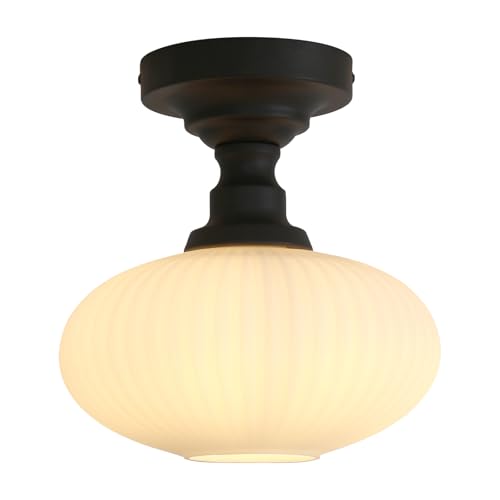 Pathson Milky Striped Flush Mounted Ceiling Light with Round Lantern Shape, Vintage Glass Ceiling Lamp Fixture Over Kitchen Sink, Living Room, Stairwell, Hallway