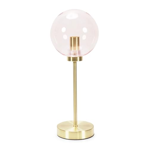 ValueLights | Brushed Gold Metal Stem Table Lamp with Pink Tinted Glass Globe Shade | Home Décor, Bedside & Desk Lamp | Includes Bulb