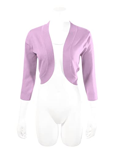 Image of Women's 3 /4 Sleeve Cropped Open Front Bolero Shrug Cardigan Sweater Jacket for Dresses, Lilac, Small