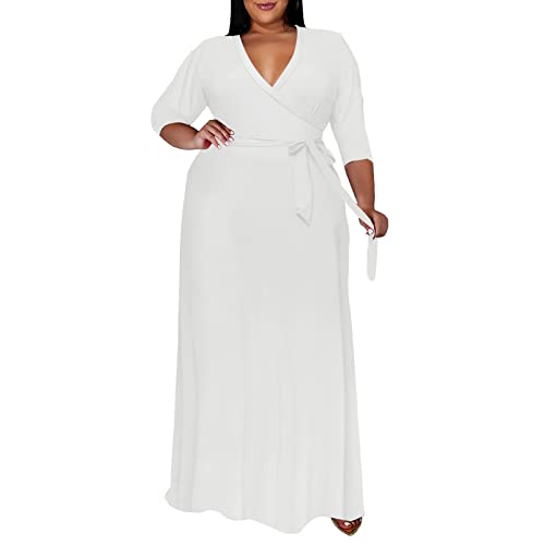 Image of Runwind Plus Size Dresses for Women Floral Maxi Dress Flowy 3 /4 Sleeve with Belt