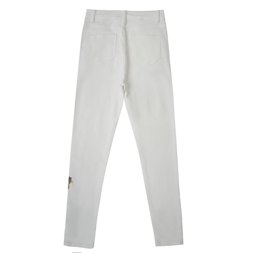 Women's Embroidered Floral Jeans with High Waist and Slim Fit Pocket White Denim Pants2