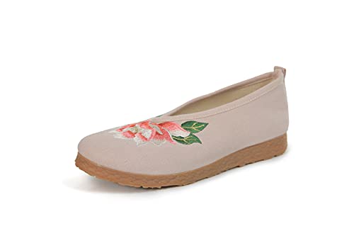 Chinese Style Embroidery Ladies Shoes Flat Bottom Comfortable and Soft Ladies Embroidered Shoes Embroidered Shoes (Color : Gray Size : 8.5) (Beige 4.5)
