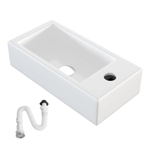 MAGIC SELECT Lavabo de Cerámica, Lavamanos Blanco de Aseo Anti-manchas, Lavabo sobre encimera para Baño, Fácil de Limpiar y con Conexiones Estándar. Ideal para Cocina o Baño. (46x26x10,5 CM)