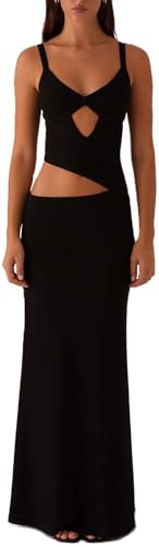 Image of Yiulangde Womens Elegant Spaghetti Strap Maxi Dress Backless Cut Out Bodycon Summer Cami Dress Sexy Formal Cocktail Dresses A-Black