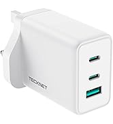 65W USB C Charger, TECKNET 3 Port GaN Type C Fast Charger Plug Adapter, PD 3.0 USB C Wall Quick C...