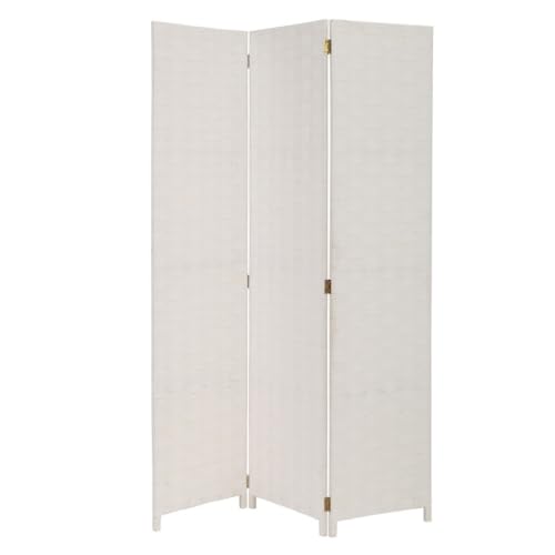 LOLAhome Biombo de 3 Paneles Plegable, Panel Divisor de Espacios de Madera y Papel Trenzado, Separador de Ambientes para Dormitorio, Salón, Oficina Blanco 120x175 cm