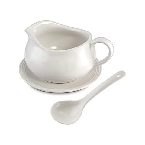 24 Oz Gravy Boat | Ceramic White Gravy Dish Set | Includes Gravy Boat, Saucer and Spoon (White) Cover