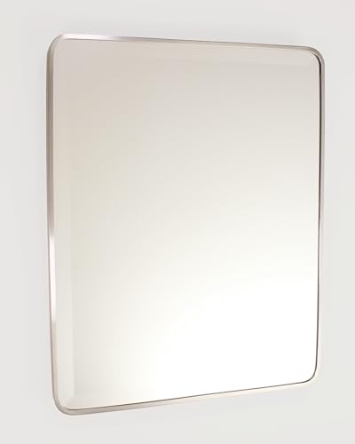 Image of 16x20 Austin Farmhouse Metal Framed Rounded Rectangle Recessed Bathroom Medicine Cabinet, Beveled Mirror, 14x18 in-Wall Opening, powder-coated Steel, Glass Shelves, Magnet Close, Brushed Nickel