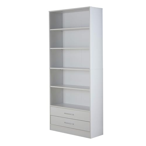 Home Source Storage Bookcase, 5 Tier Open Adjustable Shelving, Display Storage Cabinet, 2 Drawer, White