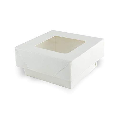 Image of PacknWood 210 KRAY W155 - White Box with Window - White Square Paper 2-Piece Box with Window Lid - Boxes with Clear Window (7 oz Capacity) - (2.8 inch x 2.8 inch x 1.8) (250 per case)