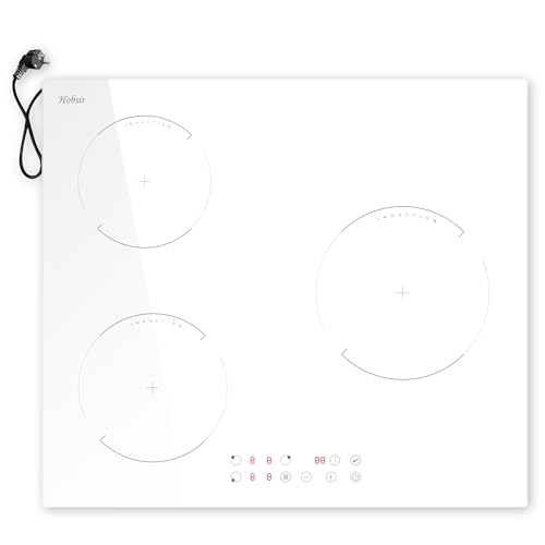 Hobsir Piano Cottura Induzione Bianco, Piano Cottura a Induzione 3 Fuochi con Spina, Piano a Induzione da incasso a 3 Piastre 60CM, 3500W, Funzione Boost, Blocco di Sicurezza, Timer