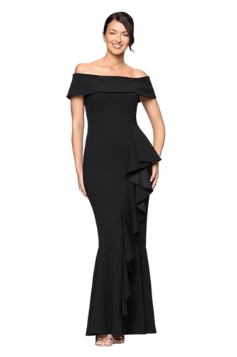 Image of Betsy & Adam Women's Women's Long Off Shoulder Cascade Ruffle Stetch Scuba Crepe Gown