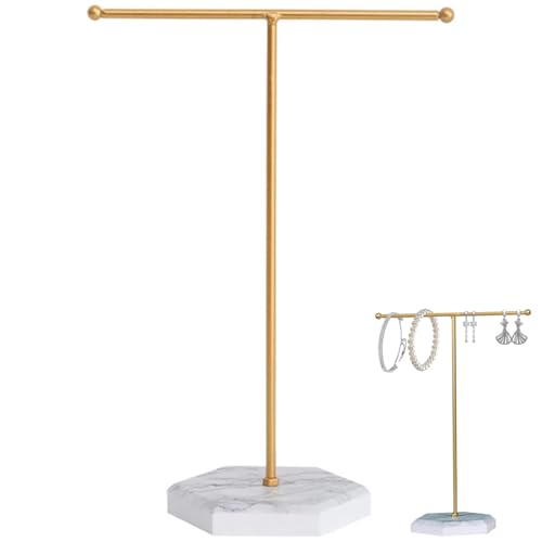 BOBOZHONG Organizador de Joyas en T con Bandeja de Patrón de mármol - Soporte Metálico Dorado para Colgar Collares, Pulseras, Aretes y Relojes - Base Blanco Estable - Exhibidor para Tiendas o Hogar