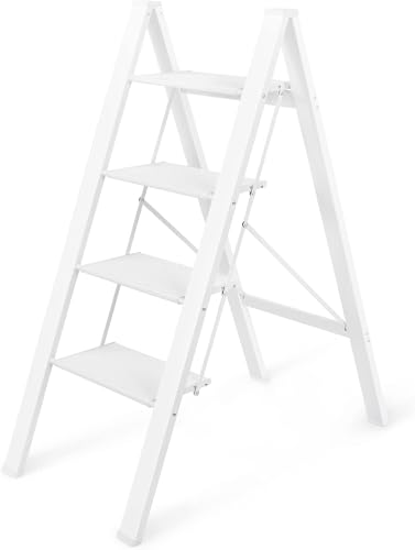 Image of Ladder 4 Step Folding,150KG Capacity Sturdy Ladder Small Stool for Adults, Closet Step Stool Anti-Slip Wide Pedals, Portable Folding for Home Kitchen Office (4 Step - White)