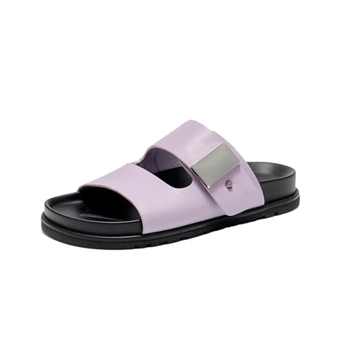 Women's Synthetic Leather Platform Slippers - Buckle Strap Summer Beach Flats