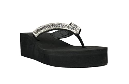 Image of REDVOLUTION New Women's Rhinestone Sandals Platform T-Strap Jewel Sandals High Wedge Flip Flops