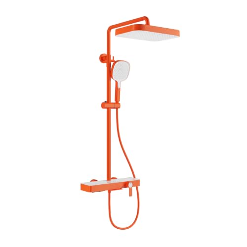 BiaoTeng Columna de Ducha Pared con Grifo Cascada 3 Modos agua Fría y Caliente en Laton Columna de Ducha Moderna Cuadrada color Naranja