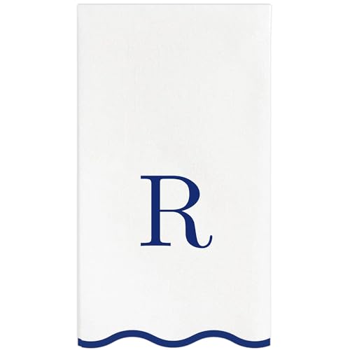 Stxy's Disposable Guest Towels, 40 Monogram Lettered Hand Towels - Navy Blue Letter, Monogrammed Scalloped Paper Dinner Napkins, for Bathroom and Powder Room (R)