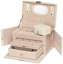 IsmatDecor Travel Jewellery Box 25.5 x 17.5 x 18.5 cm, Jewellery Organiser with Mirror and Locks for Storing, Earrings, Rings and Necklace, A Great Gift for Mother and Daughters (Beige)