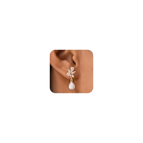 HANLI 14K Gold Plated Bridal Pearl Drop Wedding Earrings for Women - Gold CZ Cute Elegant Earring for Brides Dainty Prom Stud Jewelry Trendy