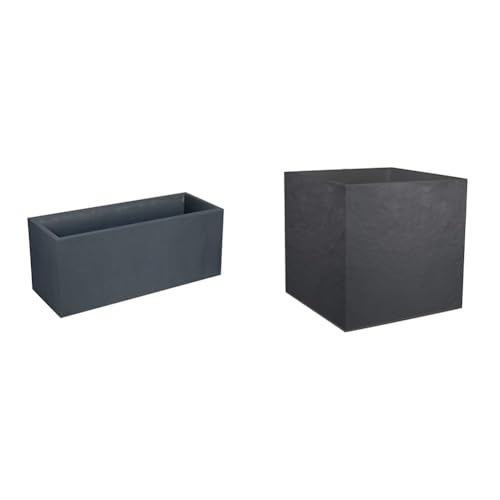 VOLCANIA - Fioriera plastica stone decor Grigio antracite 99.5 x 39.5 x 43.5 cm & Vaso quadrato 50 cm Volcania 57 L - Decorazione imitazione pietra - Doppia parete