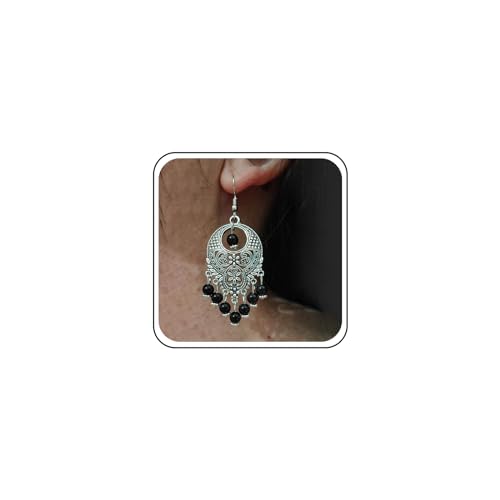 TseenYi Pendientes Gitana Vintage Negro Perla Gota Pendientes Boho Gitana Étnica Pendientes De Perlas Borla Candelabro Gancho Joyas Para Mujeres Y Niñas(plata)