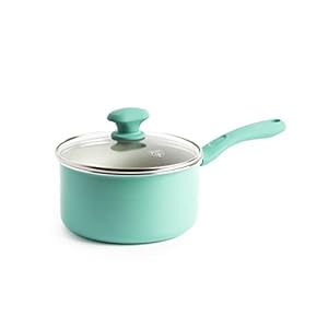 GreenLife Soft Grip Diamond Sandstone Healthy Ceramic Nonstick, 2QT Saucepan Pot with Lid, PFAS-Free, Dishwasher Safe, Turquoise and Cream