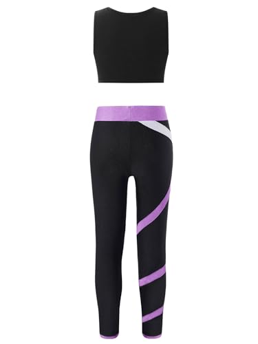 easyforever Kid Girls Crop Tops Racerback Tank Top And Gymnastics Leggings 2 Piece Dance Sports Clothes Set Black&Lavender 6 Years2
