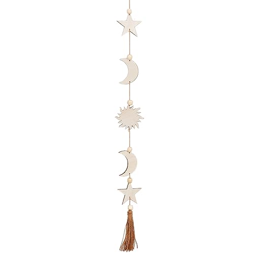CREATCABIN Luna Estrella Colgante de Pared Decoración de Madera Bohemio Arte de la Pared Decoraciones Luna Guirnalda Adornos Colgante con Cuentas de Borla de Trigo para el Hogar Dormitorio Sala 77 cm