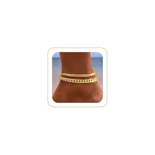 Gold Ankle Bracelets for Women Waterproof - Dainty Gold Anklets Trendy Layered 14K Gold Plated Stackable Chunky Cuban Link Chian Anklet Bracelet Set for Women Non Tarnish Summer Beach Jewelry Gift