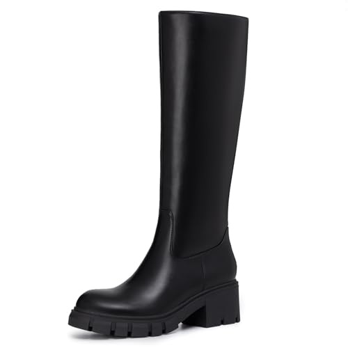 Athlefit Platform Knee High Boots for Women Round Toe Chunky Lug Sole Tall Boots with Side Zipper