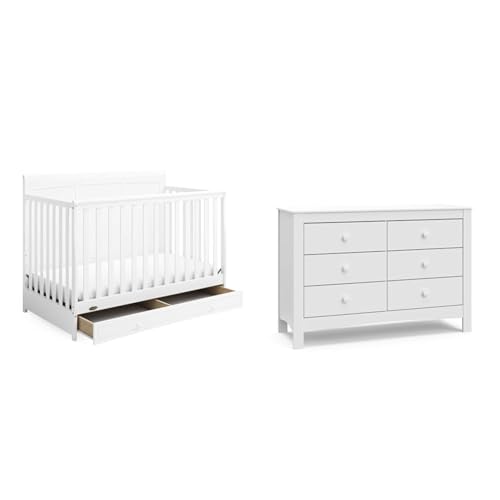Image of Graco Asheville 4-in-1 Convertible Crib with Drawer (White) – GREENGUARD Gold Certified & Noah 6 Drawer Double Dresser (White) - GREENGUARD Gold Certified, 6 Drawer Double Dresser